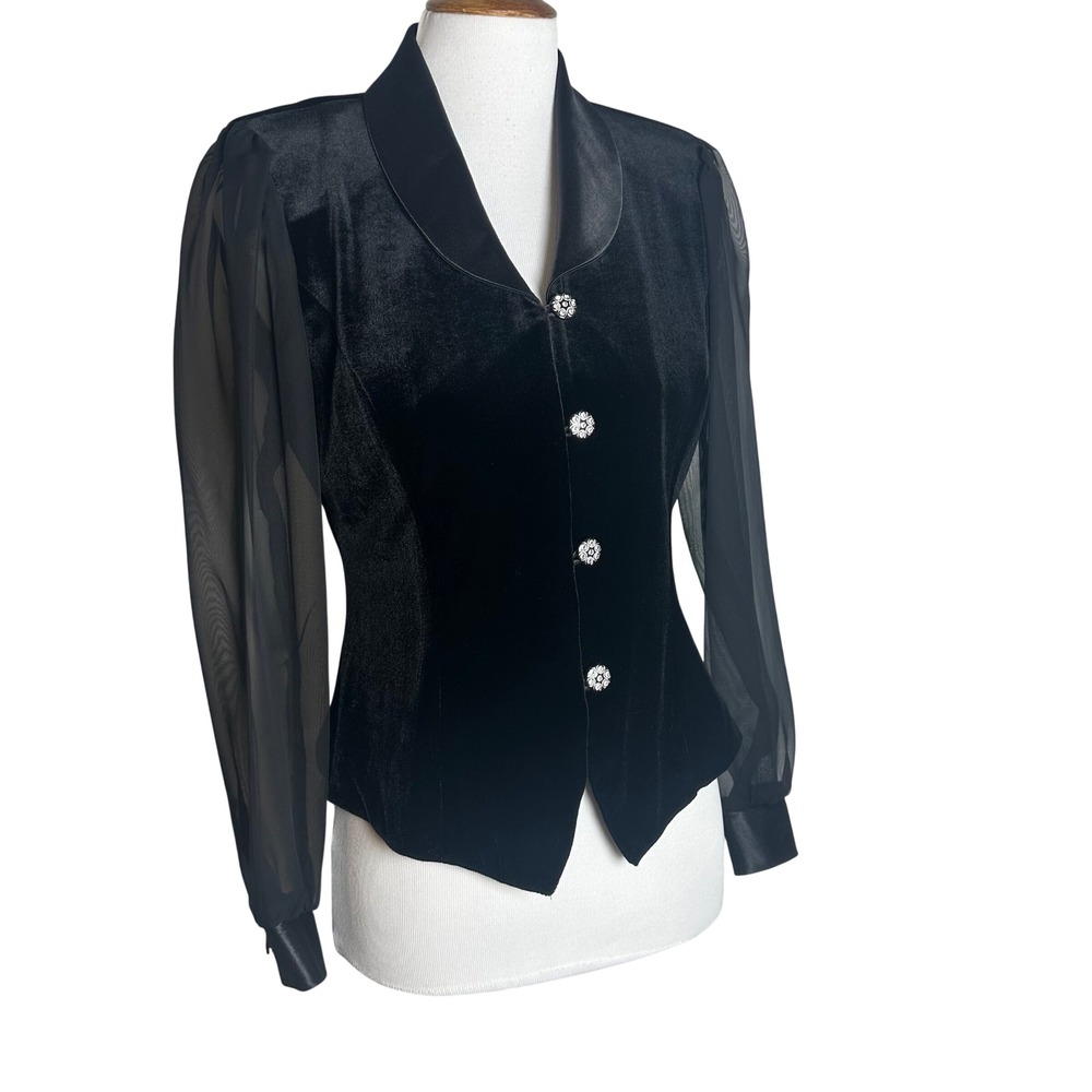Another Thyme Black Velvet Sheer Sleeve Rhinestone Button Top Vintage Womens S